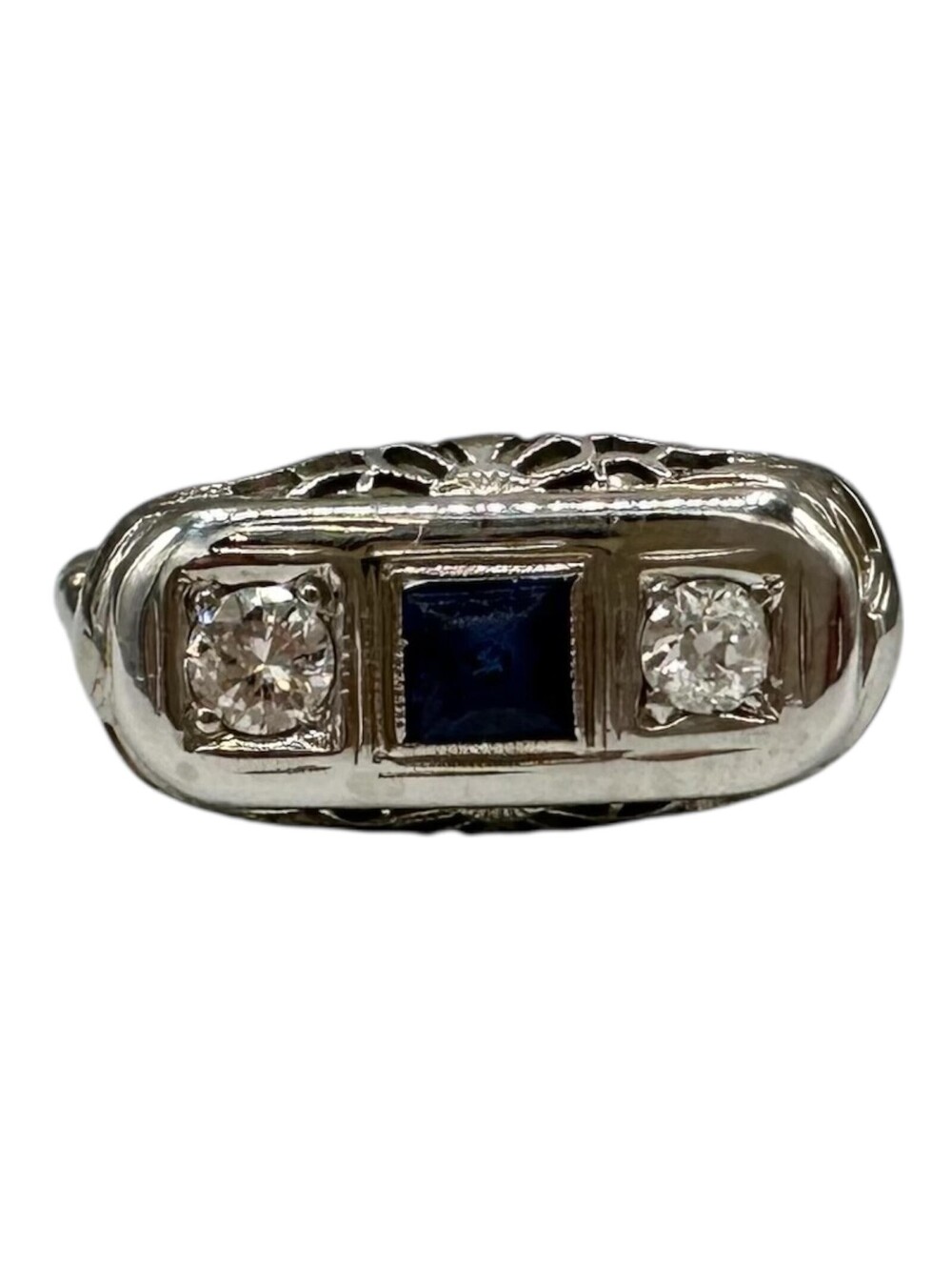 Vintage 3 Stone Diamond Sapphire Ring 18K White Gold Size 7.75
